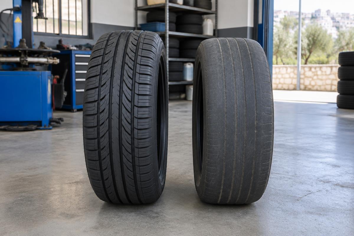 צמיג חדש לצד צמיג שחוק בפנצ'ריה ברמת דוד